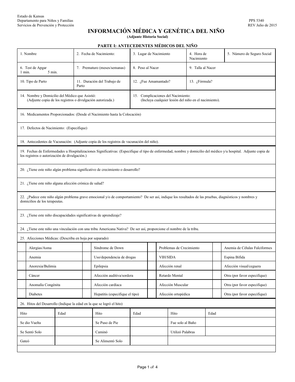 Formulario PPS5340 Informacion Medica Y Genetica Del Nino - Kansas (Spanish), Page 1