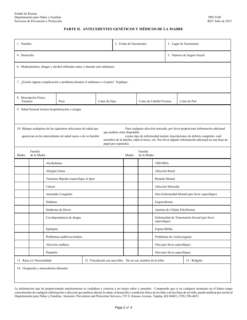Formulario PPS5340 Informacion Medica Y Genetica Del Nino - Kansas (Spanish), Page 2
