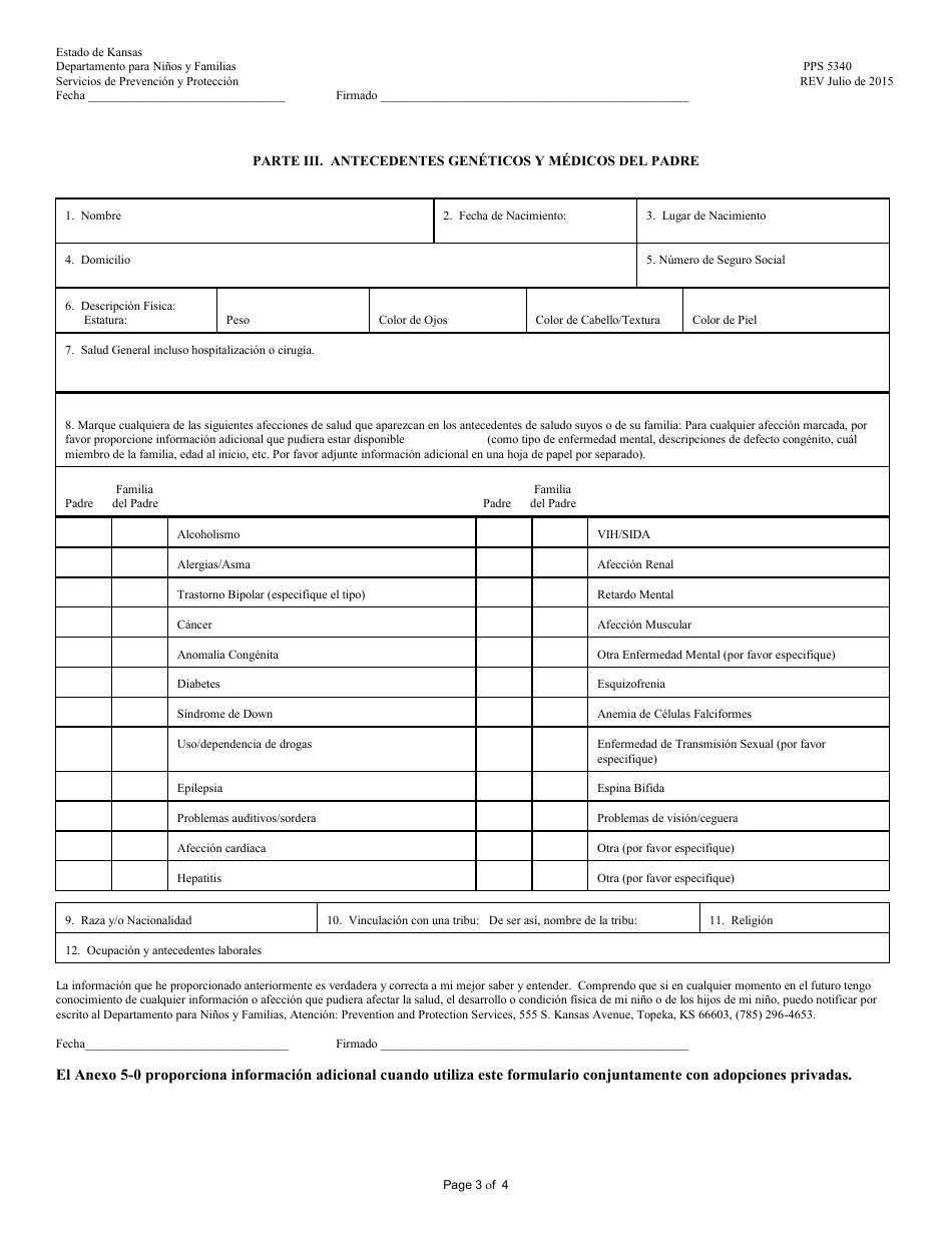 Formulario PPS5340 Informacion Medica Y Genetica Del Nino - Kansas (Spanish), Page 3