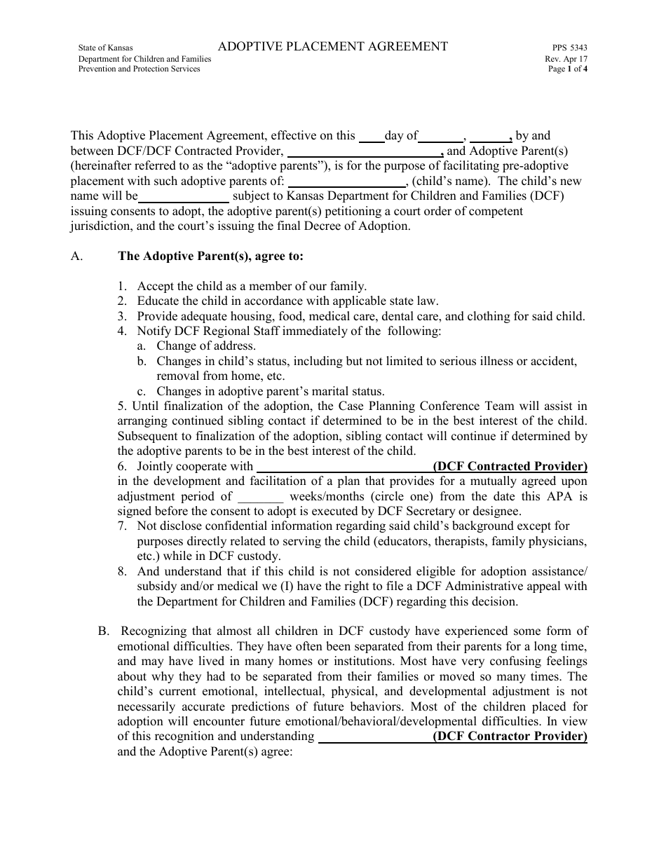 Form PPS5343 Adoptive Placement Agreement - Kansas, Page 1