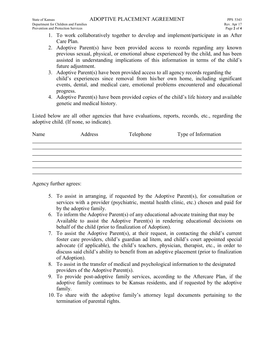 Form PPS5343 Adoptive Placement Agreement - Kansas, Page 2