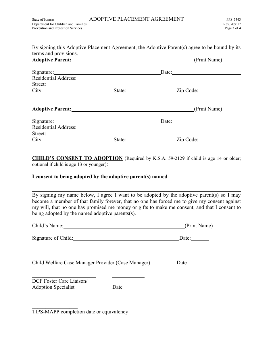 Form PPS5343 Adoptive Placement Agreement - Kansas, Page 3