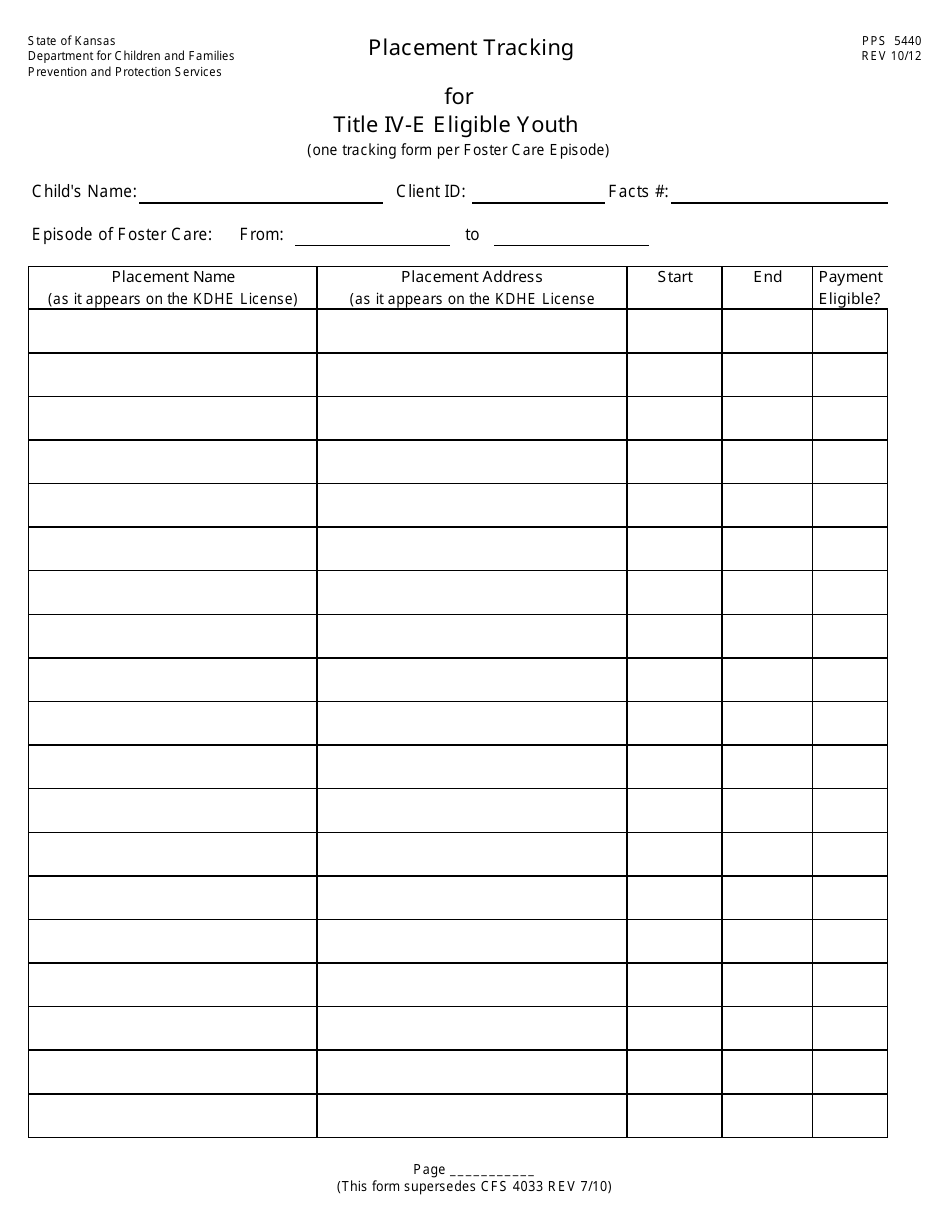Form PPS5440 Placement Tracking for Title IV-E Eligible Youth - Kansas, Page 1