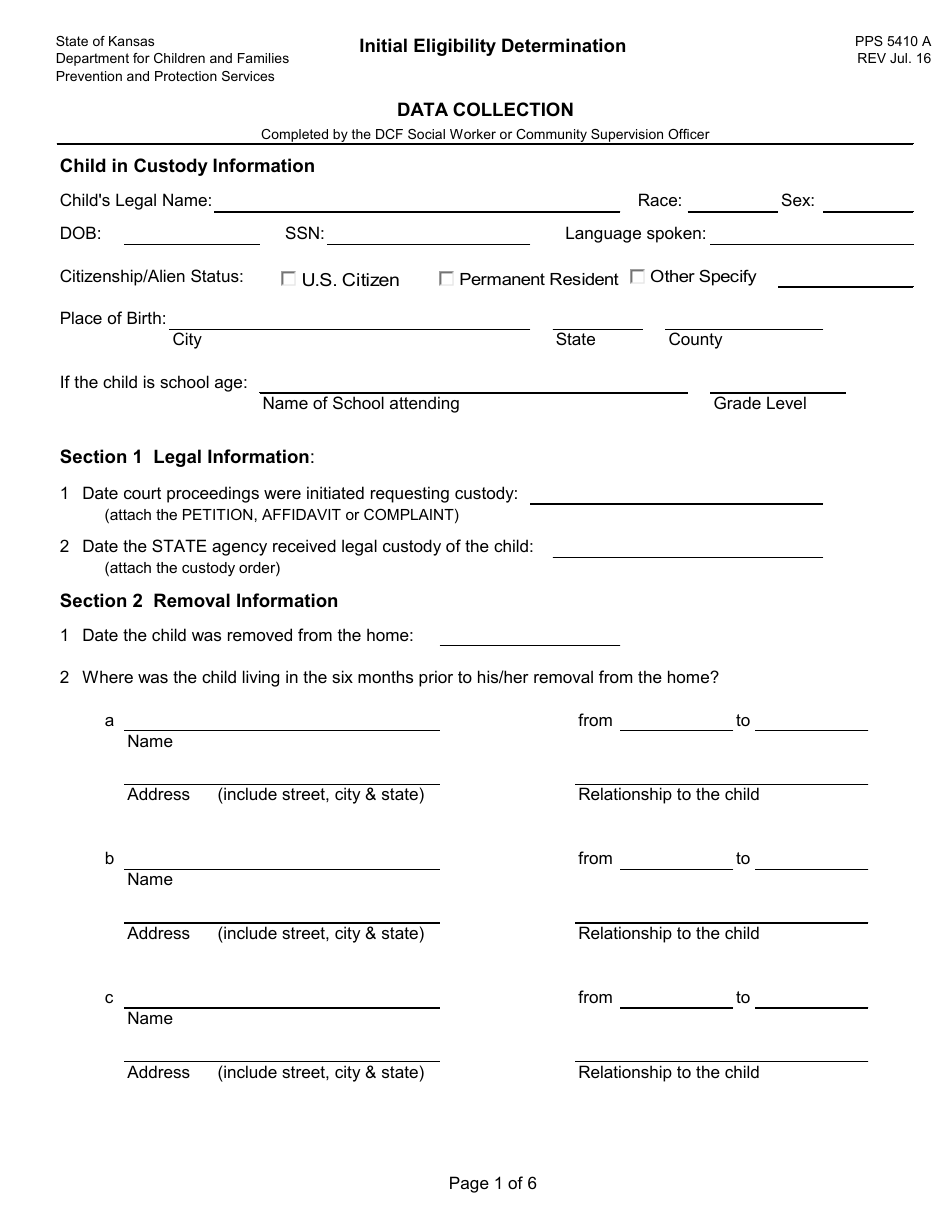 Form PPS5410 A Initial Eligibility Determination - Data Collection - Kansas, Page 1