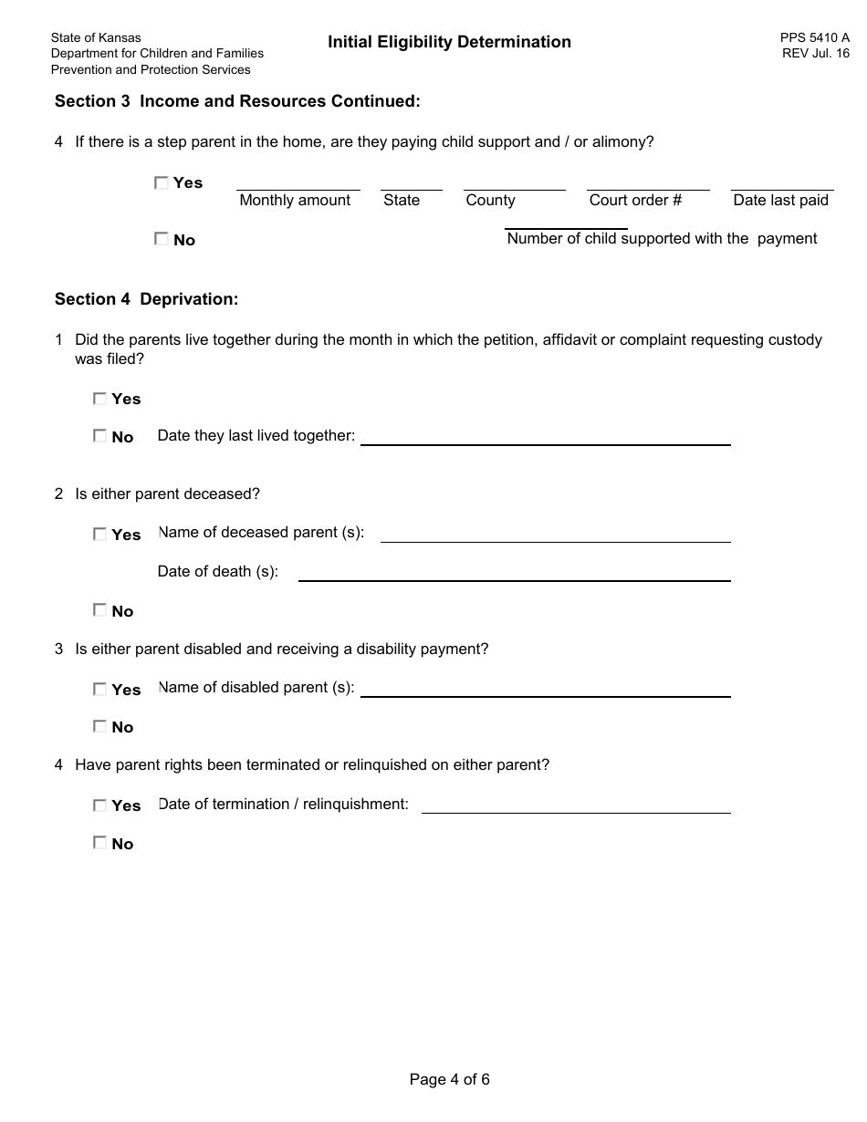 Form PPS5410 A Initial Eligibility Determination - Data Collection - Kansas, Page 4