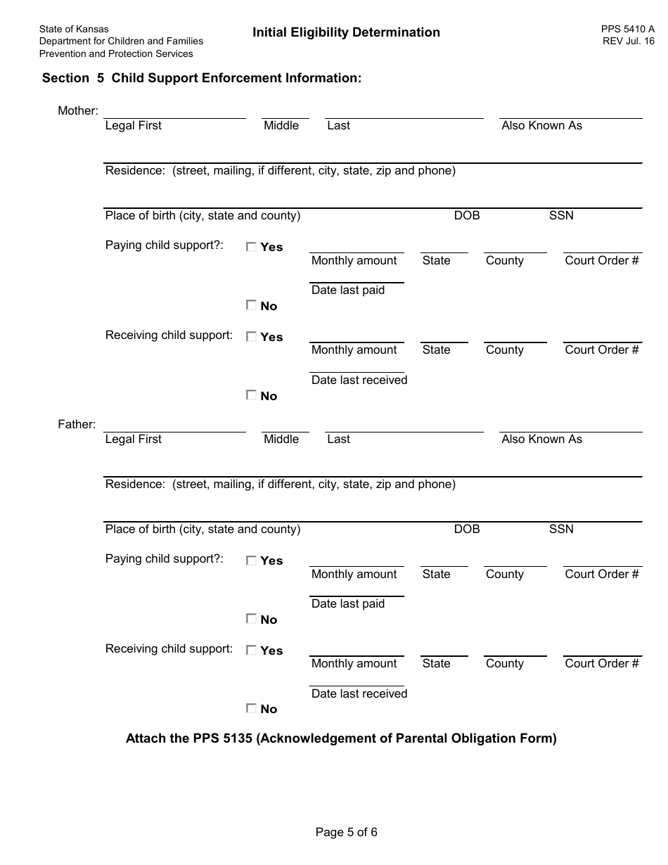 Form PPS5410 A Initial Eligibility Determination - Data Collection - Kansas, Page 5