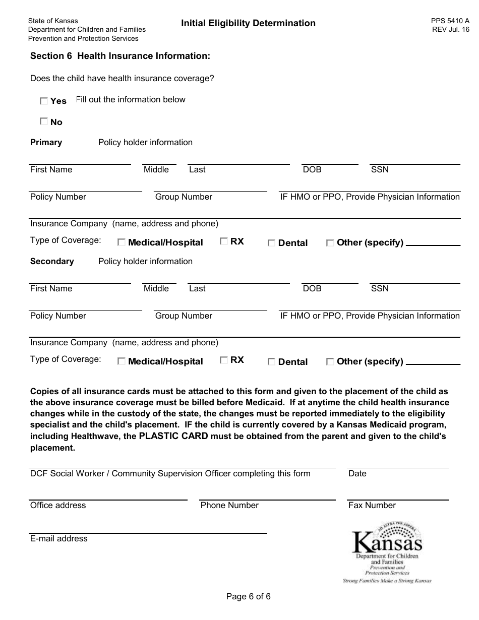 Form PPS5410 A Initial Eligibility Determination - Data Collection - Kansas, Page 6