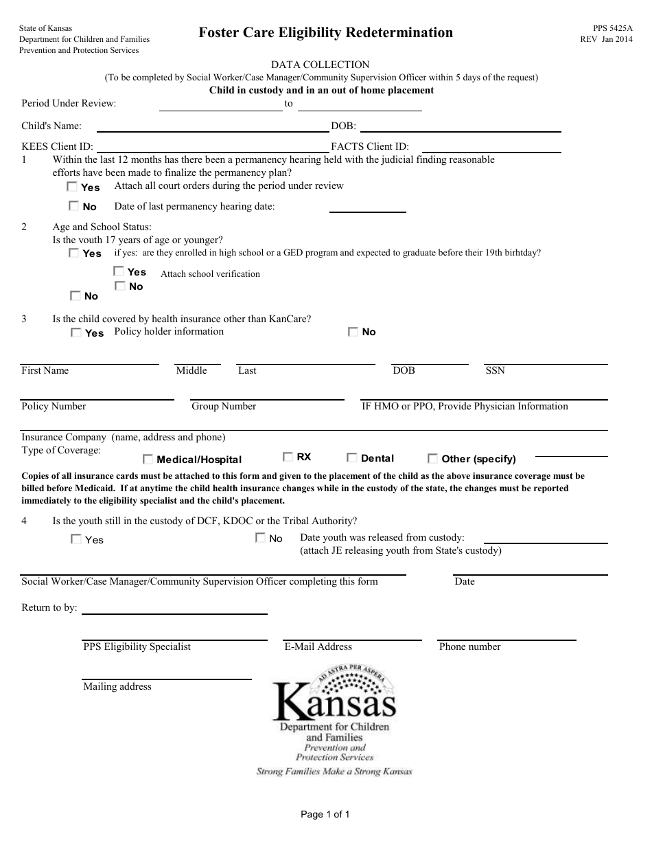 Form PPS5425A Foster Care Eligibility Redetermination - Kansas, Page 1