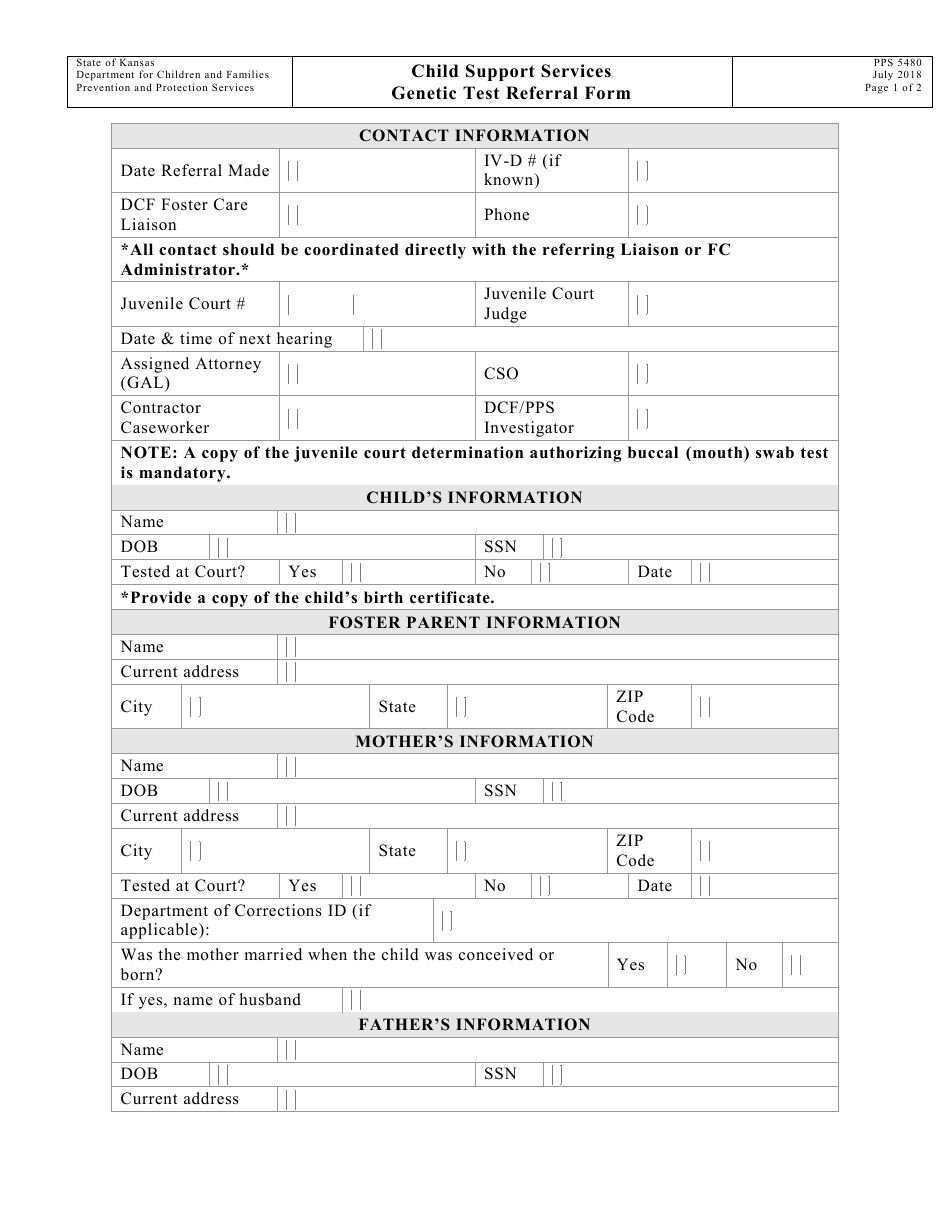 Form PPS5480 Genetic Test Referral Form - Child Support Services - Kansas, Page 1