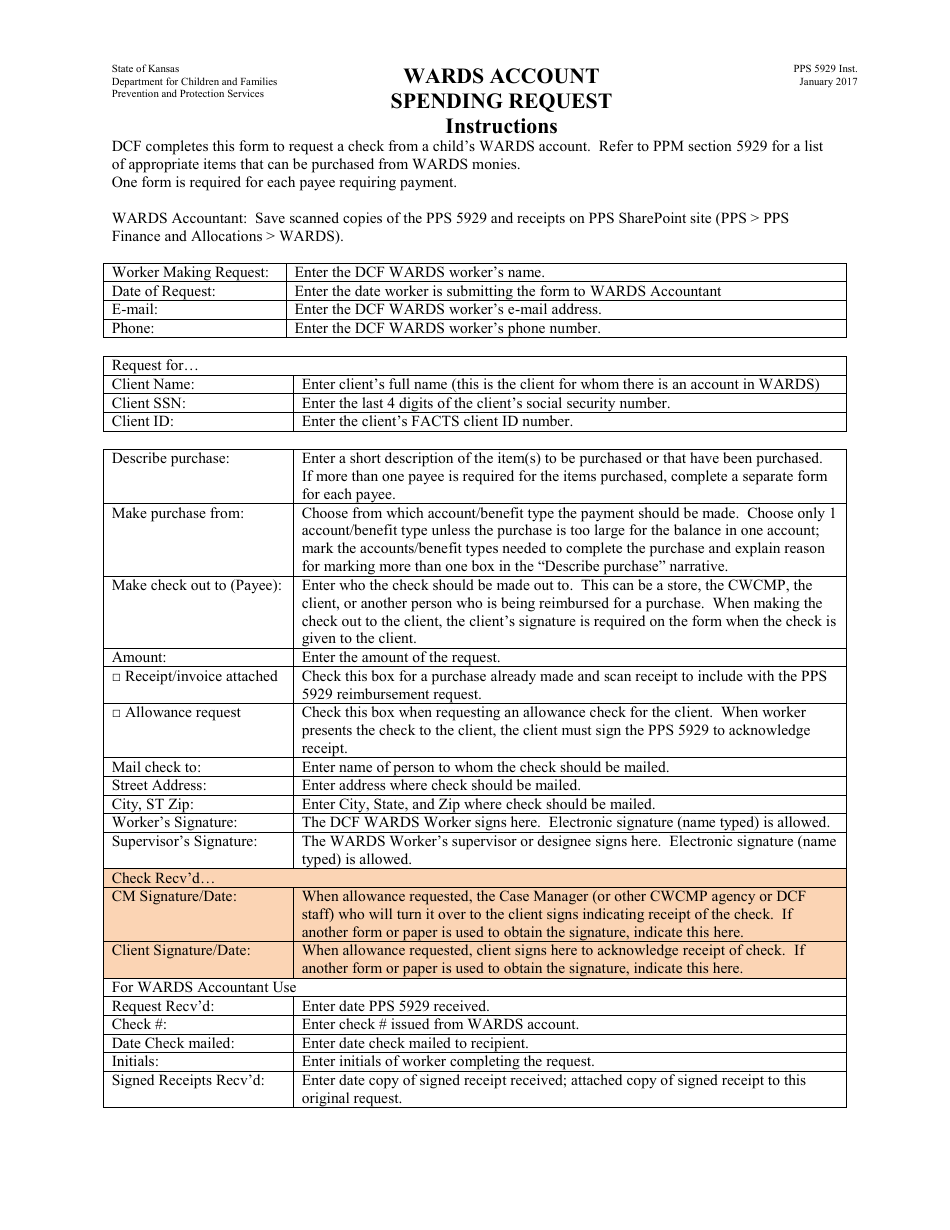 Instructions for Form PPS5929 Wards Account Spending Request - Kansas, Page 1