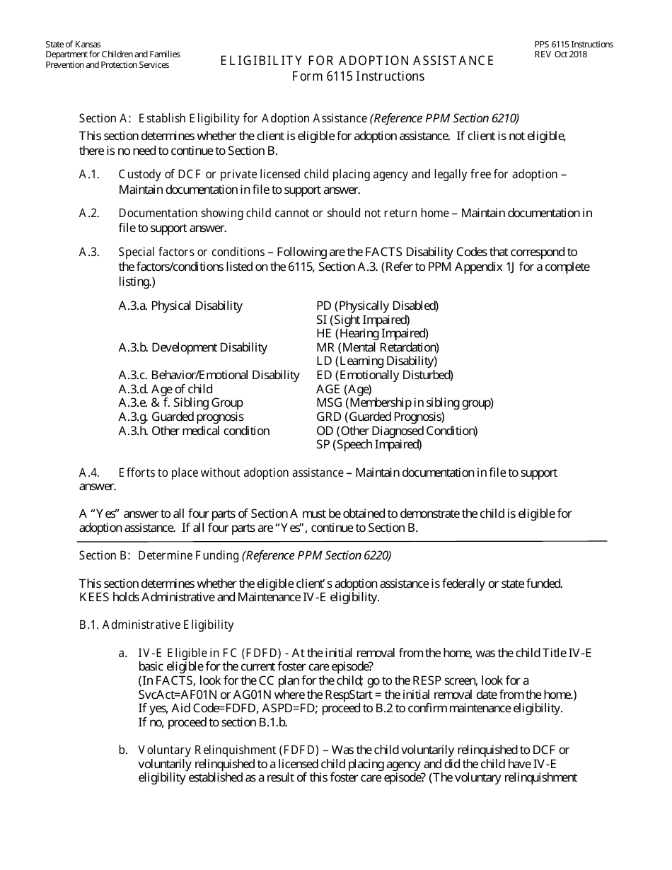 Instructions for Form PPS6115 Eligibility for Adoption Assistance - Kansas, Page 1