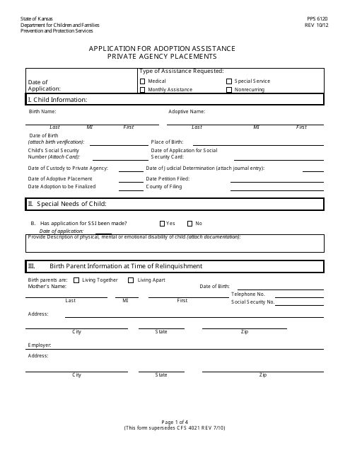 Form PPS6120 Application for Adoption Assistance Private Agency Placements - Kansas