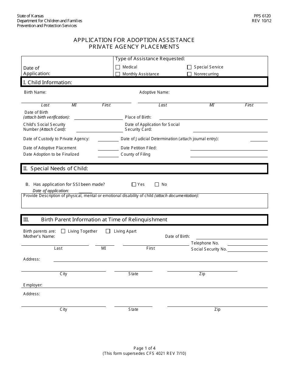 Form PPS6120 Application for Adoption Assistance Private Agency Placements - Kansas, Page 1