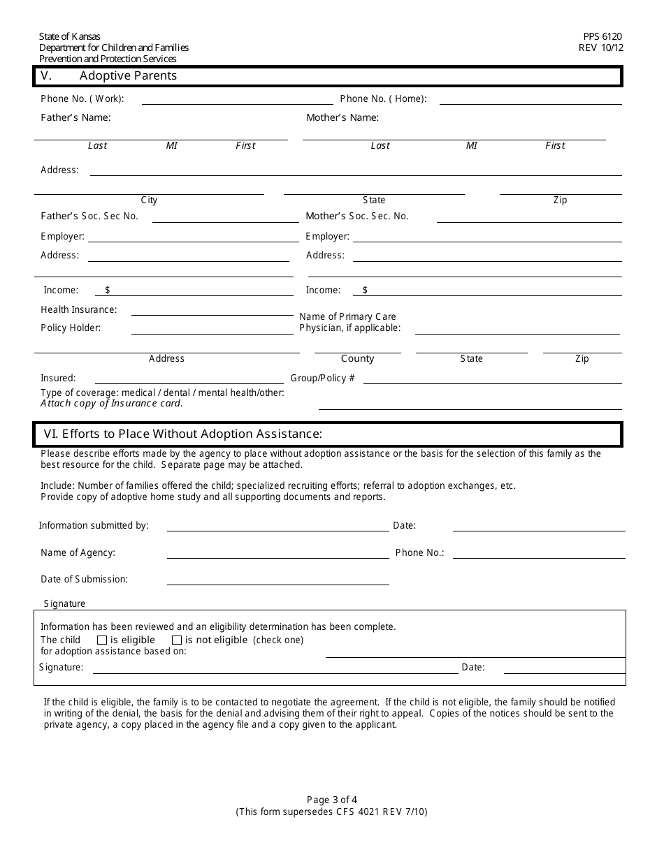 Form PPS6120 Application for Adoption Assistance Private Agency Placements - Kansas, Page 3