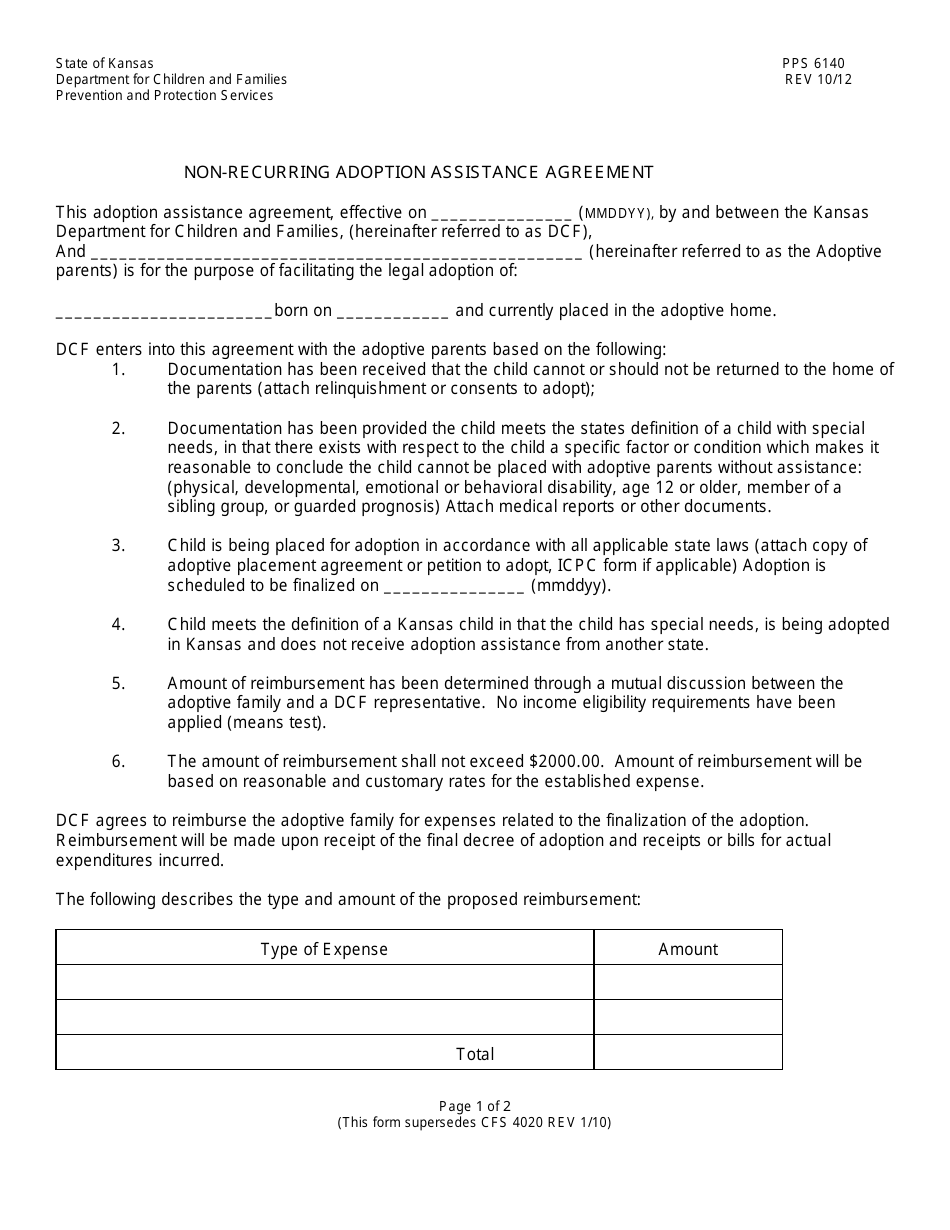 Form PPS6140 Non-recurring Adoption Assistance Agreement - Kansas, Page 1