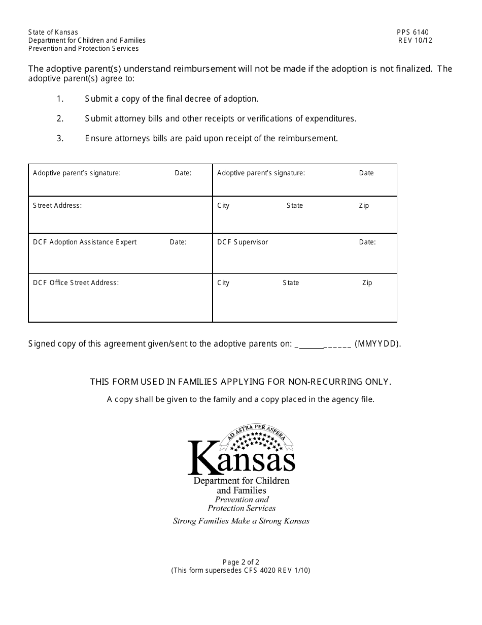 Form PPS6140 Non-recurring Adoption Assistance Agreement - Kansas, Page 2