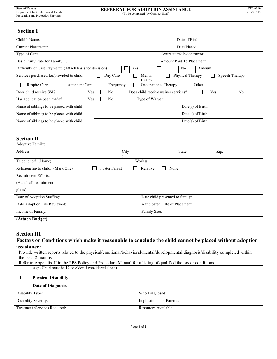 Form PPS6110 Referral for Adoption Assistance - Kansas, Page 1