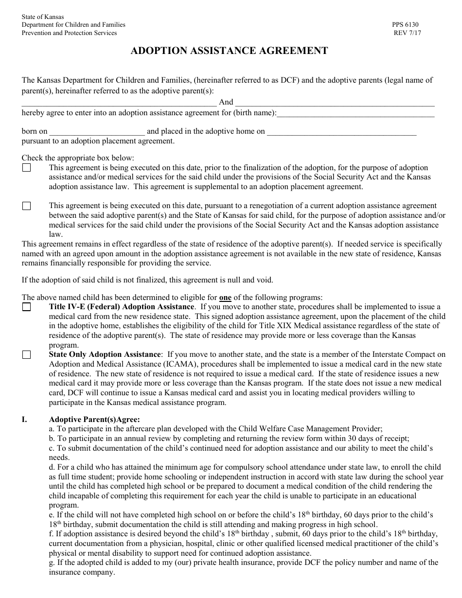 Form PPS6130 Adoption Assistance Agreement - Kansas, Page 1