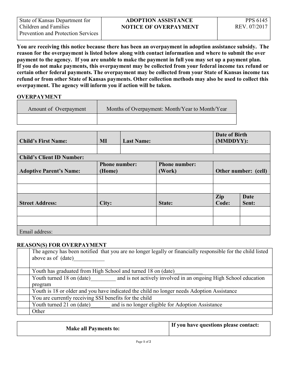 Form PPS6145 Adoption Assistance Notice of Overpayment - Kansas, Page 1