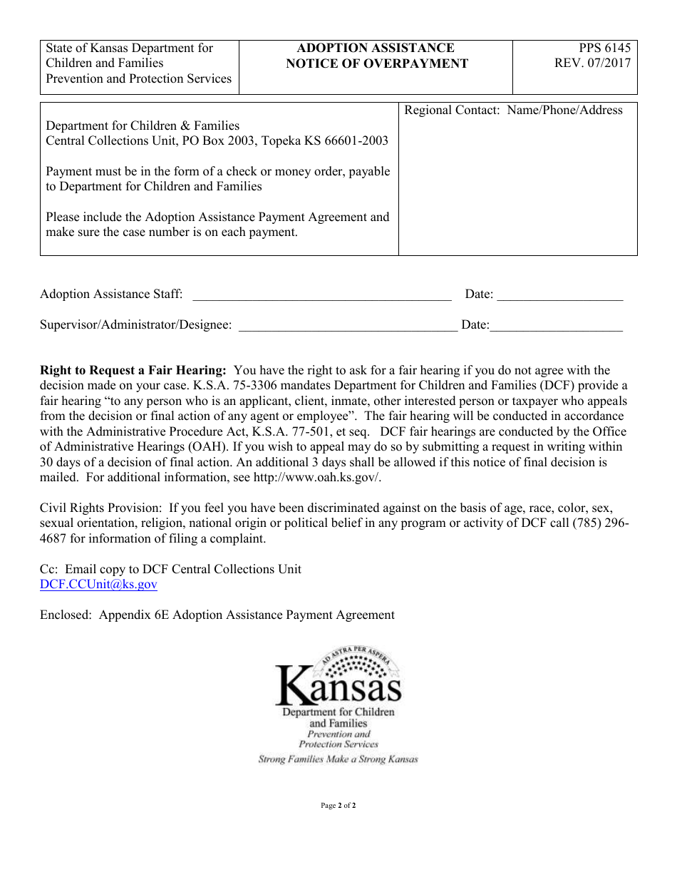 Form PPS6145 Adoption Assistance Notice of Overpayment - Kansas, Page 2