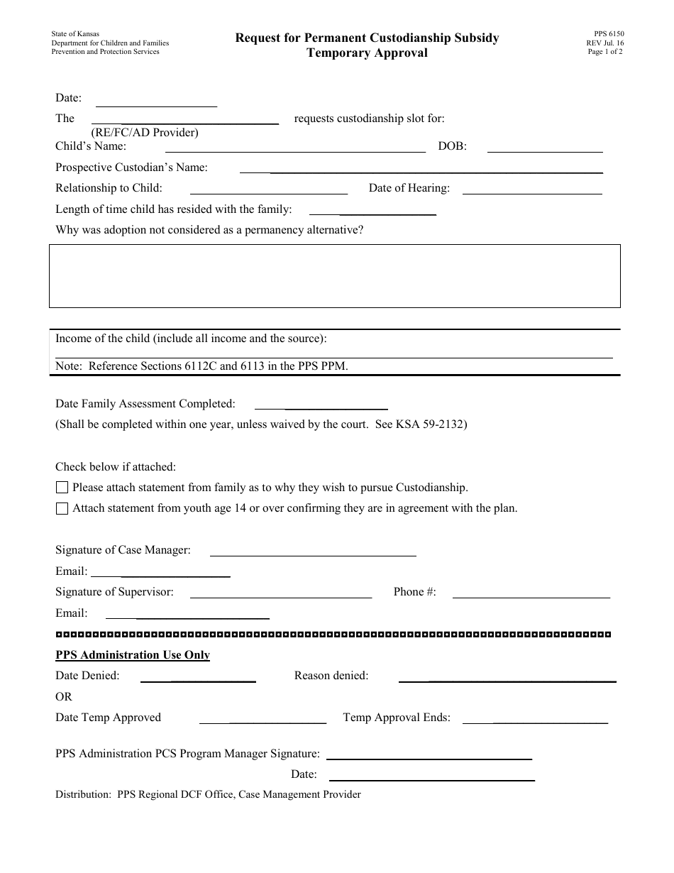 Form PPS6150 Request for Permanent Custodianship Subsidy Temporary Approval - Kansas, Page 1