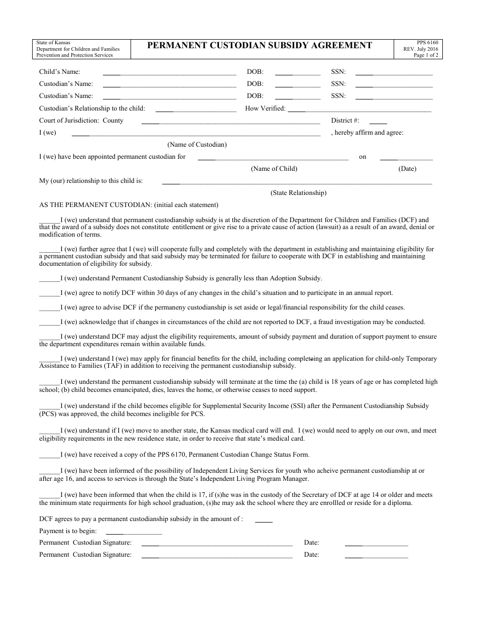 Form PPS6160 Permanent Custodian Subsidy Agreement - Kansas, Page 1