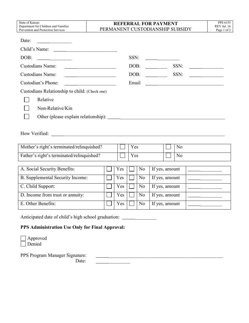 Form PPS6155 Referral for Payment - Permanent Custodianship Subsidy - Kansas, Page 1