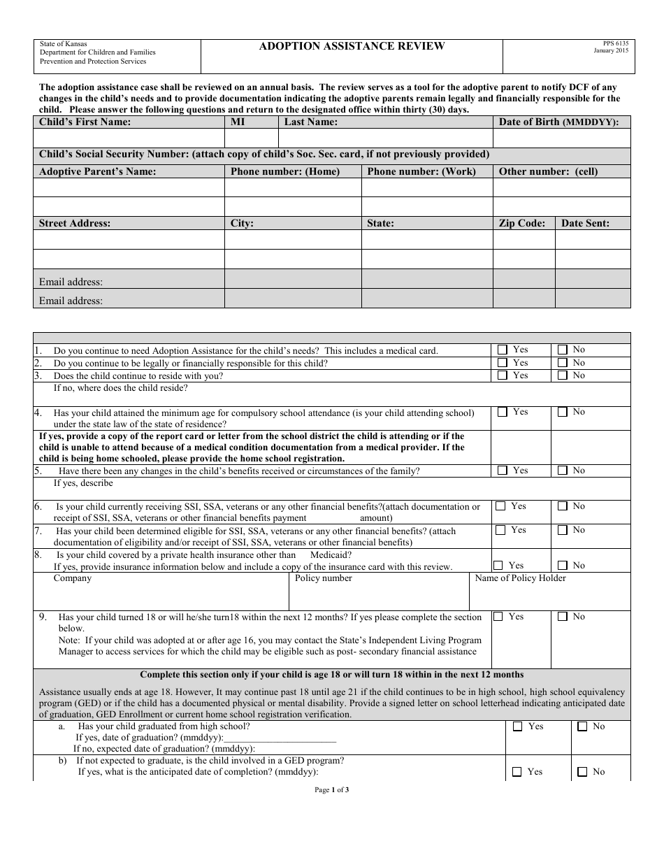 Form PPS6135 Adoption Assistance Review - Kansas, Page 1