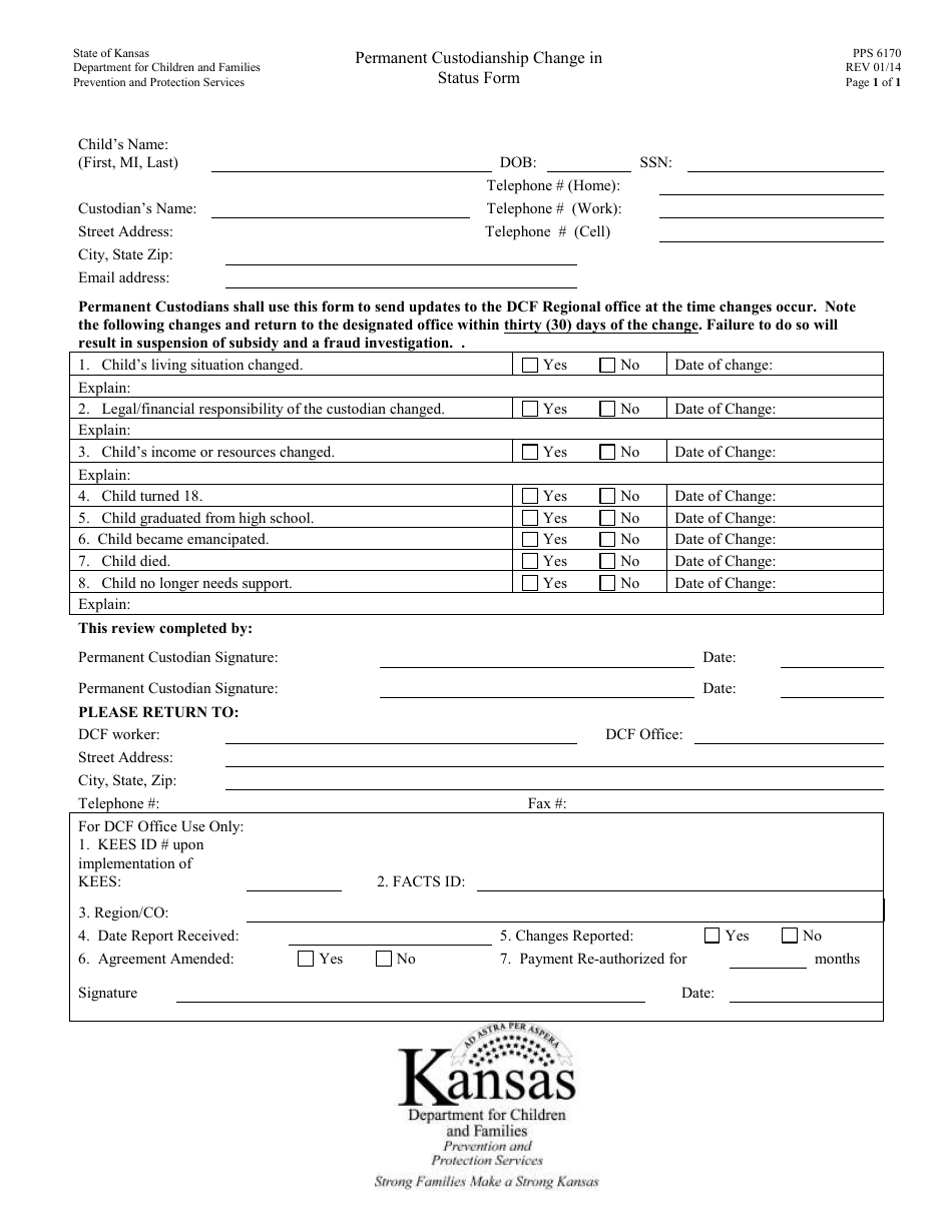 Form PPS6170 Permanent Custodianship Change in Status Form - Kansas, Page 1