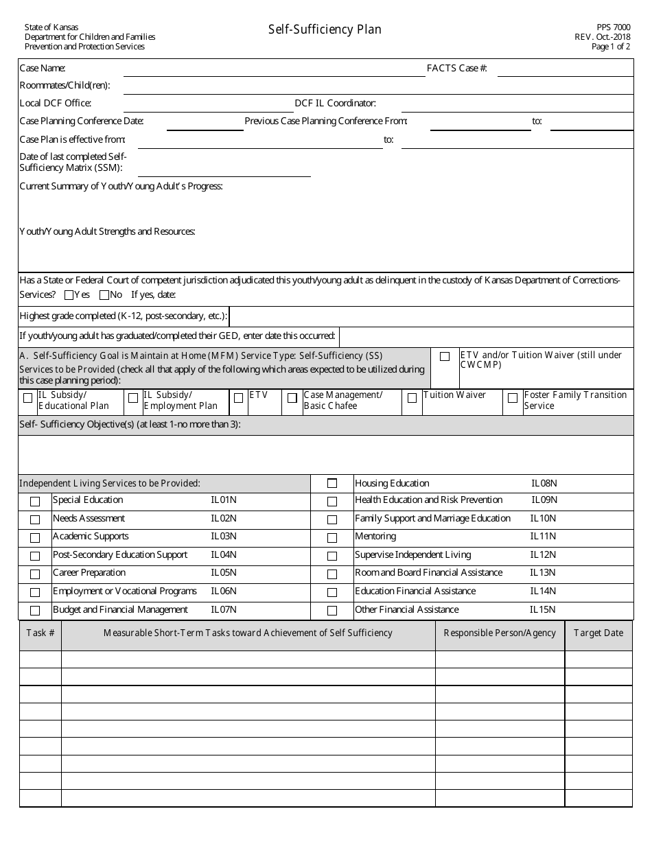 Form PPS7000 Self-sufficiency Plan - Kansas, Page 1