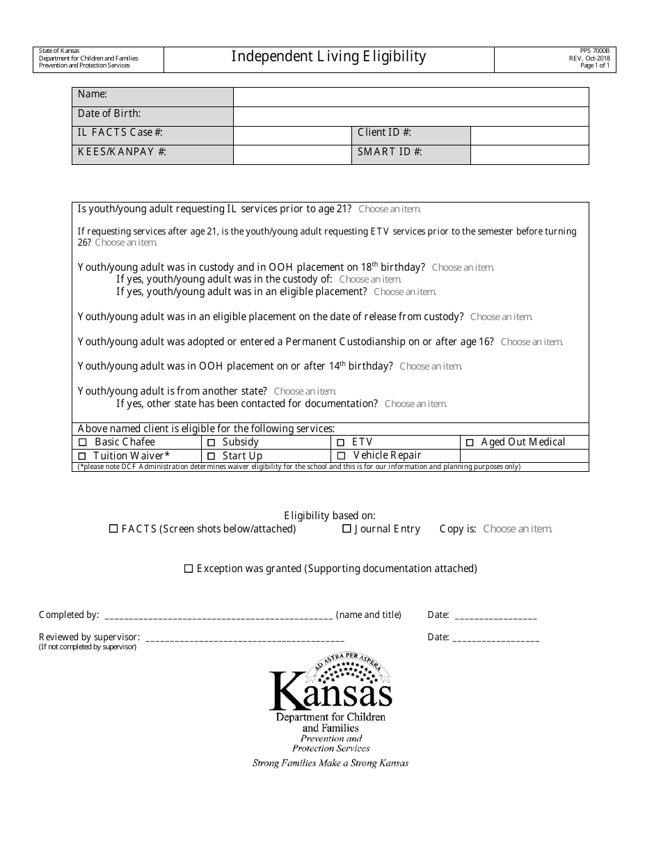 Form PPS7000B Independent Living Eligibility - Kansas, Page 1