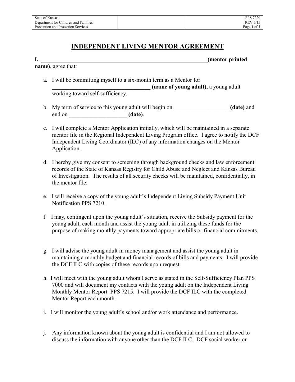 Form PPS7220 Independent Living Mentor Agreement - Kansas, Page 1