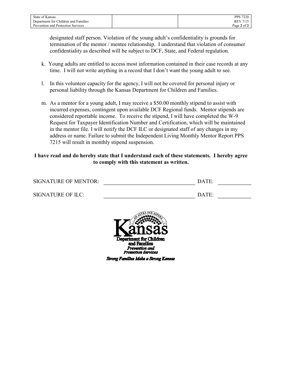 Form PPS7220 Independent Living Mentor Agreement - Kansas, Page 2
