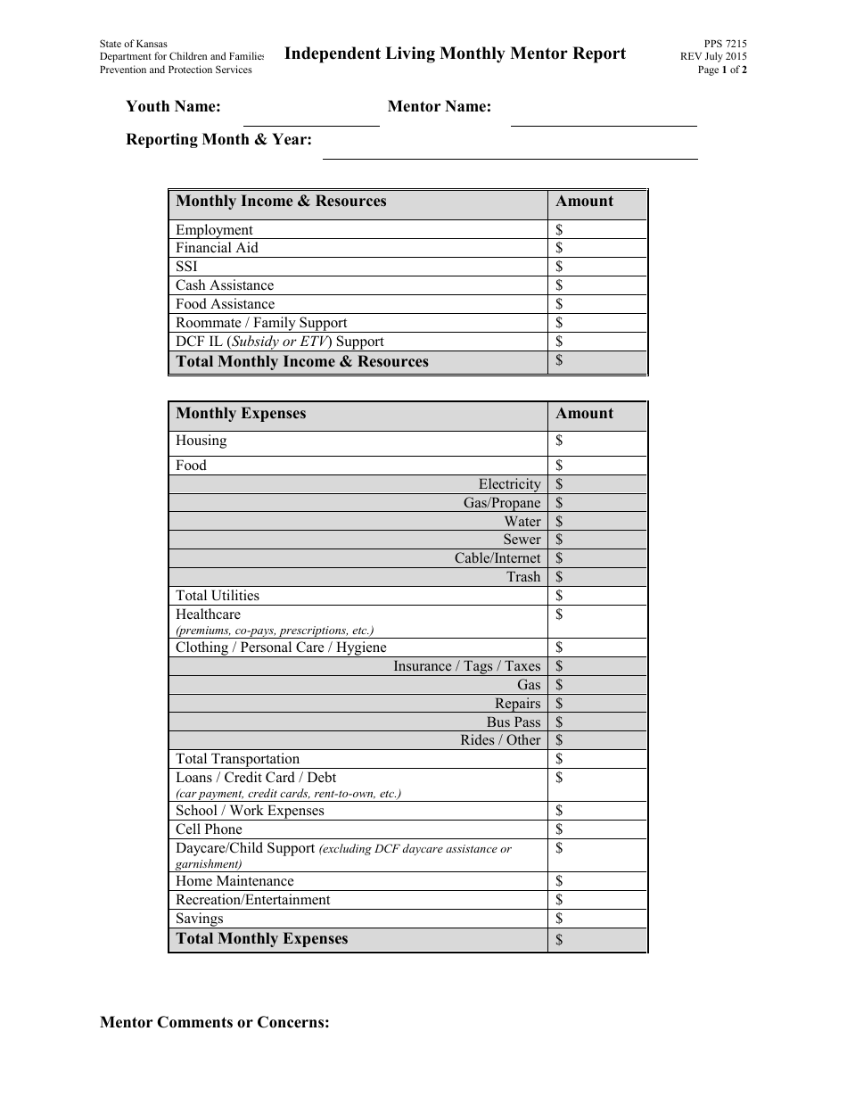 Form PPS7215 Independent Living Monthly Mentor Report - Kansas, Page 1