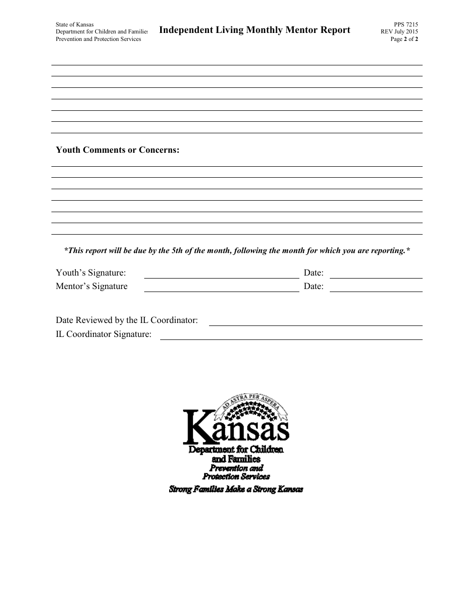 Form PPS7215 Independent Living Monthly Mentor Report - Kansas, Page 2