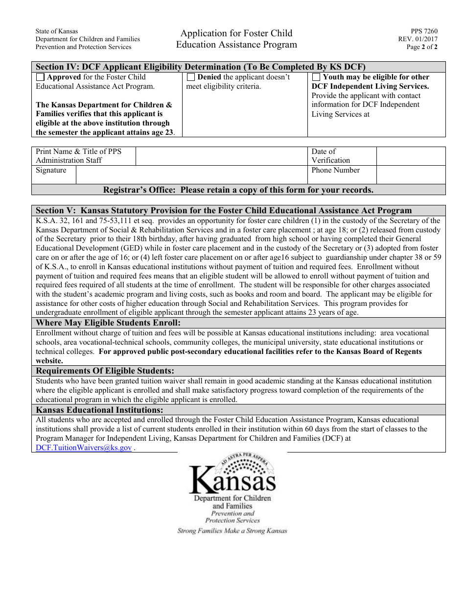 Form PPS7260 Application for Foster Child Education Assistance Program - Kansas, Page 2