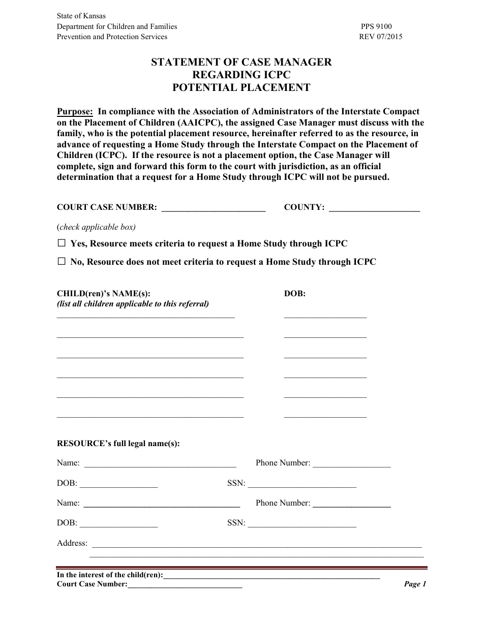 Form PPS9100 Statement of Case Manager Regarding Icpc Potential Placement - Kansas, Page 1