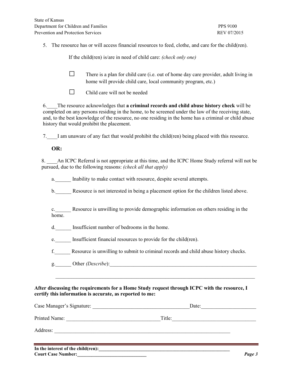 Form PPS9100 Statement of Case Manager Regarding Icpc Potential Placement - Kansas, Page 3