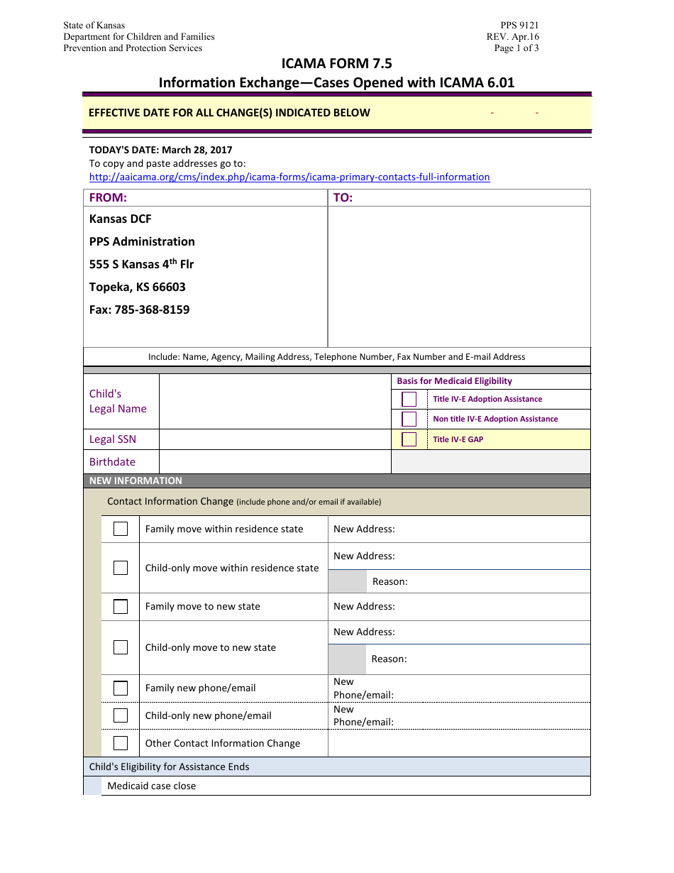 Form PPS9121 (ICAMA Form 7.5) Information Exchange (Cases Opened With Icama 6.01) - Kansas, Page 1