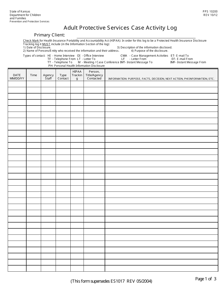 Form PPS10200 Adult Protective Services Case Activity Log - Kansas, Page 1