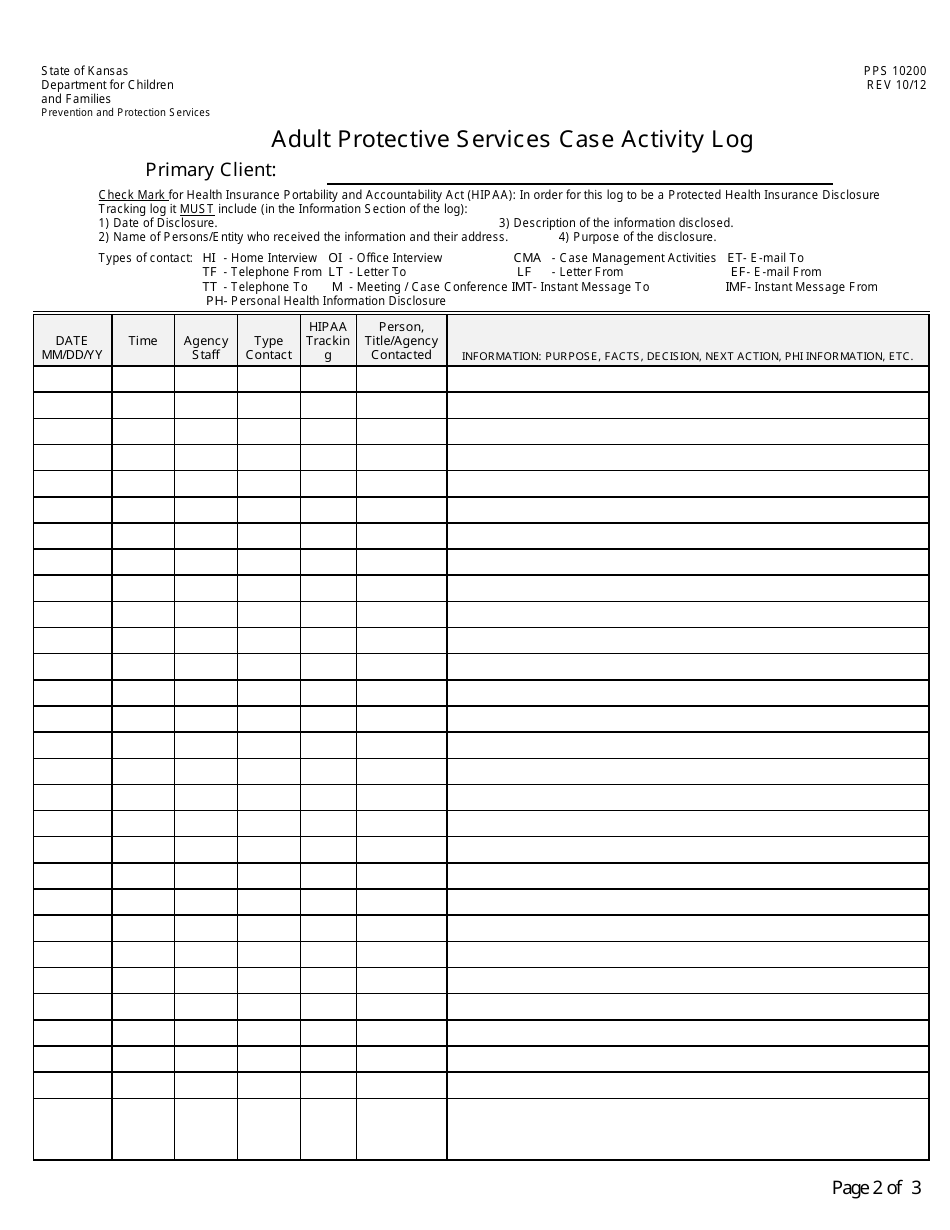 Form PPS10200 Adult Protective Services Case Activity Log - Kansas, Page 2
