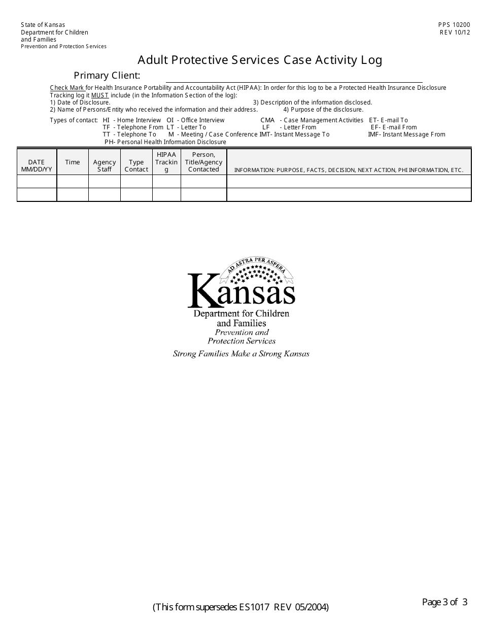 Form PPS10200 Adult Protective Services Case Activity Log - Kansas, Page 3