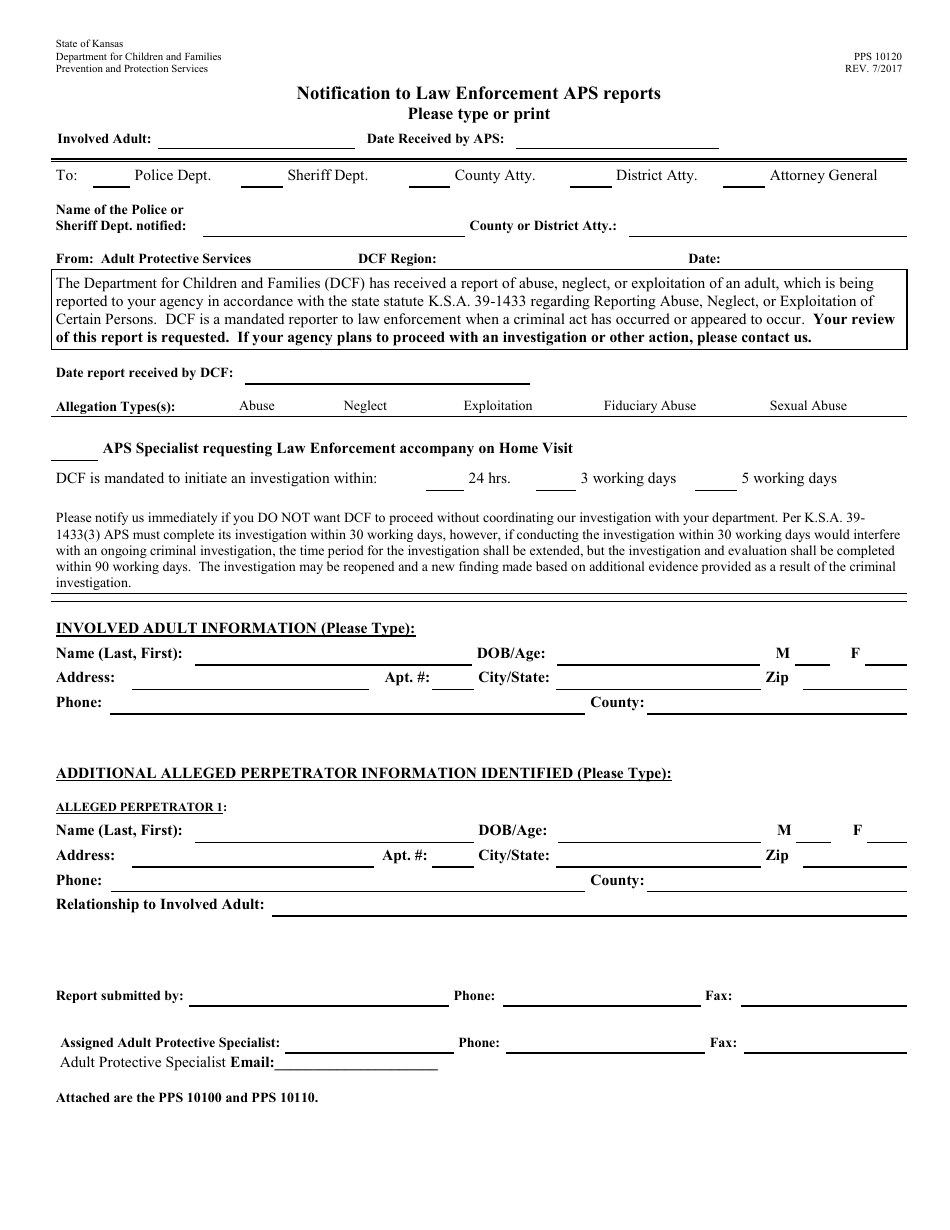 Form PPS10120 Notification to Law Enforcement Aps Reports - Kansas, Page 1