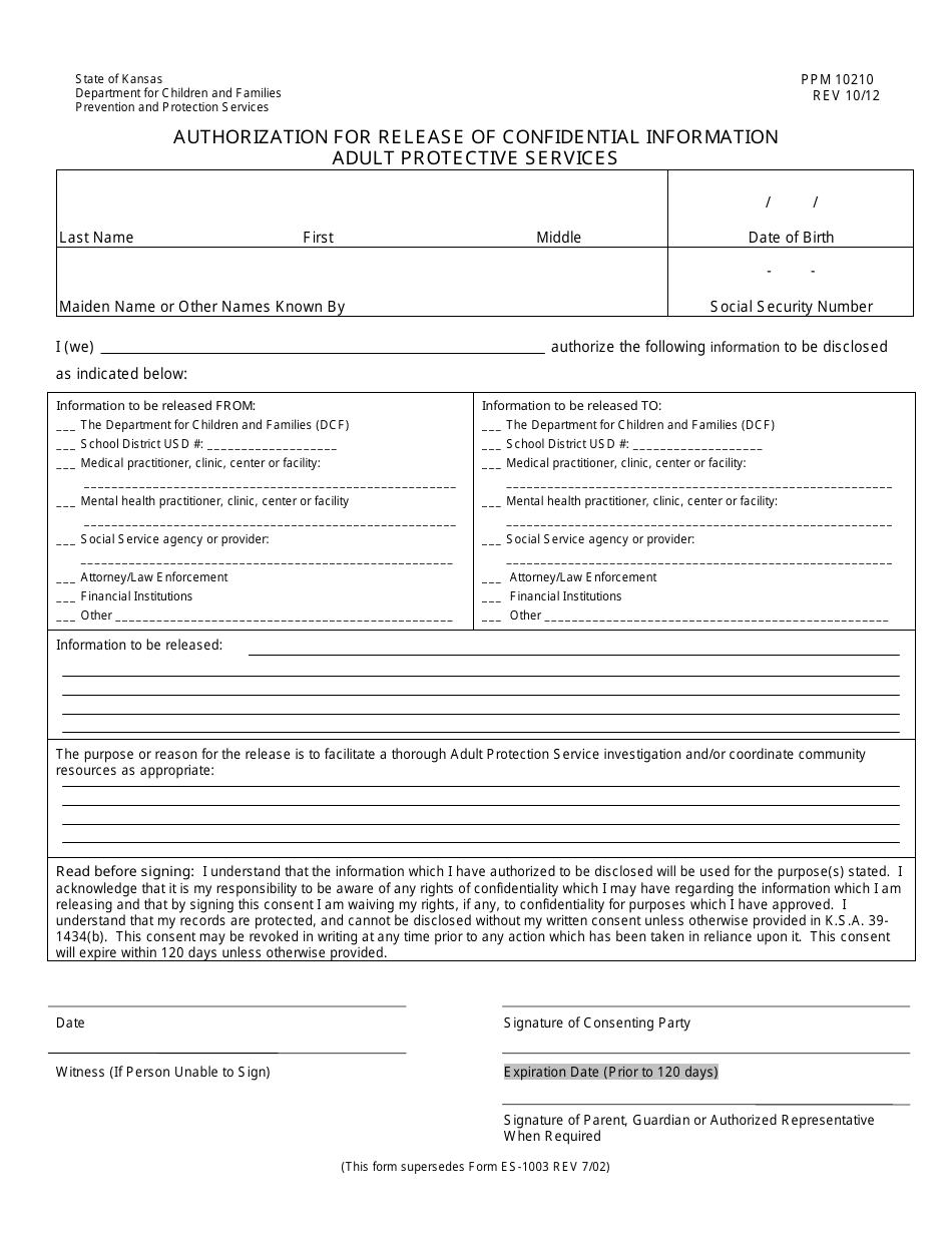 Form PPS10210 Authorization for Release of Confidential Information - Adult Protective Services - Kansas, Page 1