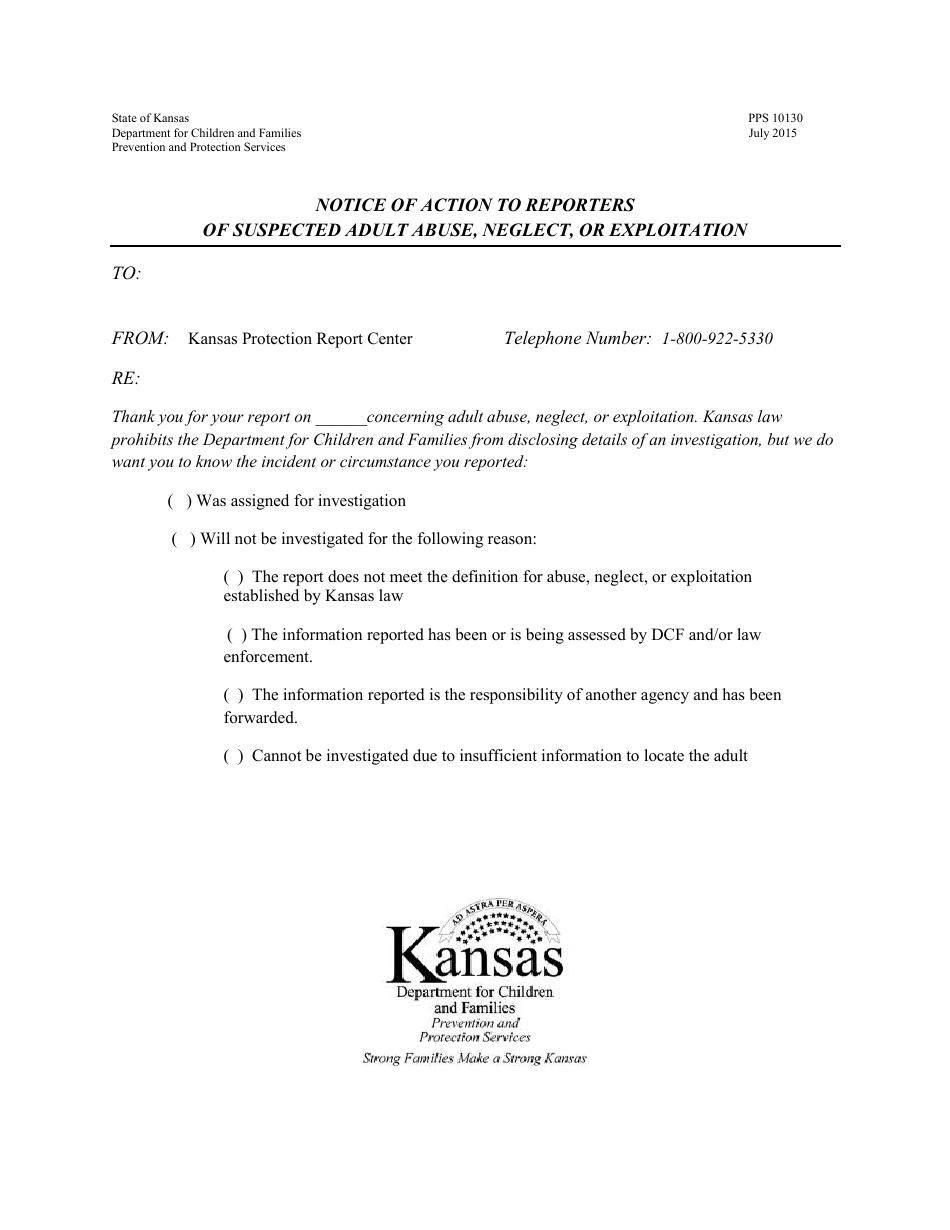 Form PPS10130 Notice of Action to Reporters of Suspected Adult Abuse, Neglect, or Exploitation - Kansas, Page 1