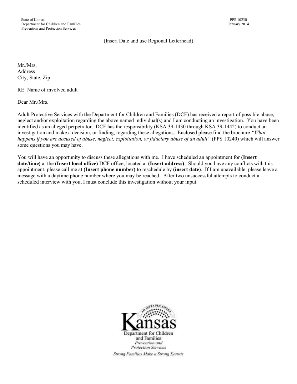 Form PPS10230 Interview Notice to Alleged Perpetrator - Kansas, Page 1