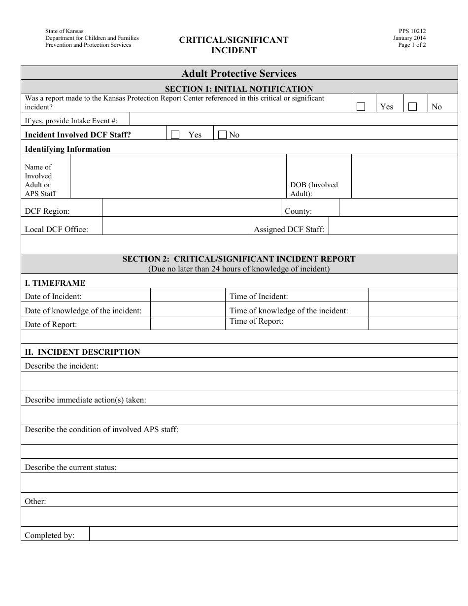 Form PPS10212 Critical / Significant Incident - Kansas, Page 1