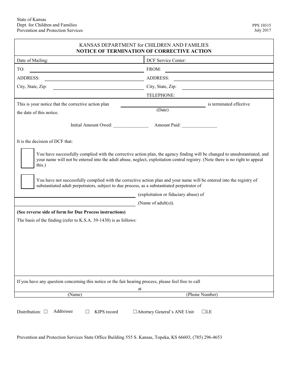 Form PPS10315 Notice of Termination of Corrective Action - Kansas, Page 1
