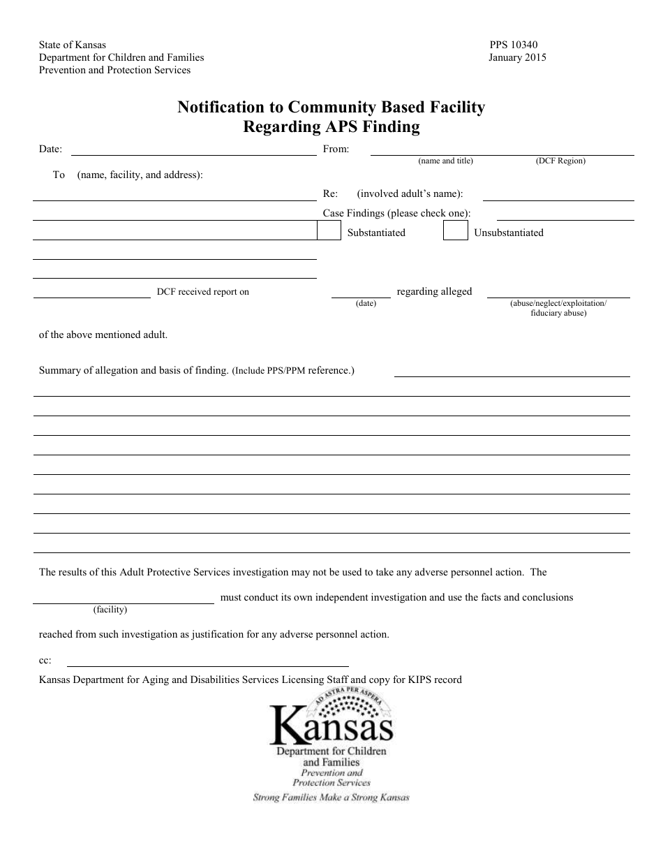 Form PPS10340 Notification to Community Based Facility Regarding Aps Finding - Kansas, Page 1