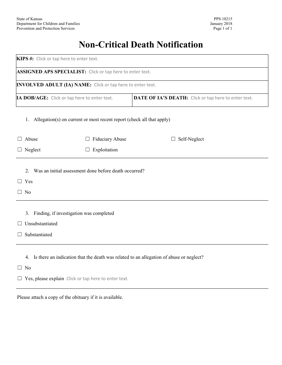 Form PPS10215 Non-critical Death Notification - Kansas, Page 1